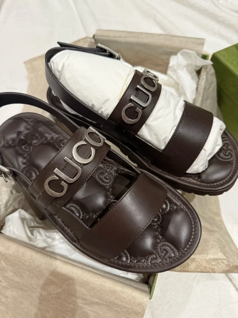 Gucci Dark Brown Leather Logo Buckle Sandals UK7